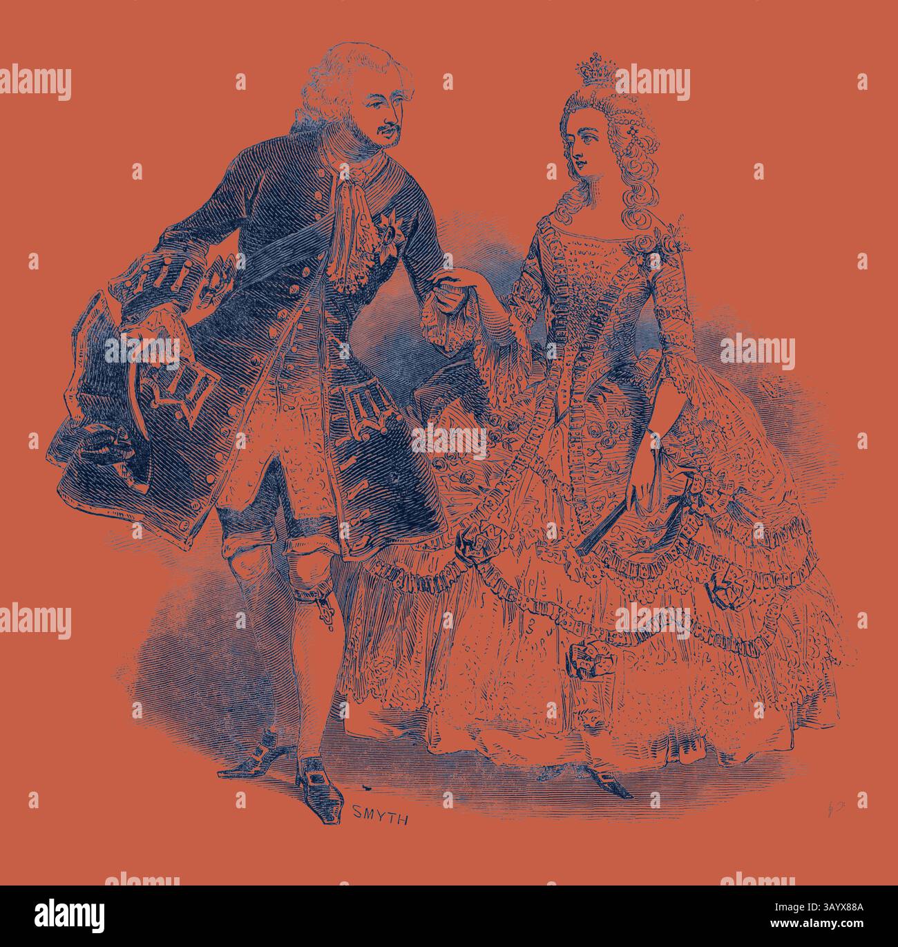 Ein romantisches Paar aus dem 18. Jahrhundert, gekleidet in eleganter Stilkleidung, strahlt Charme und Anmut aus. Der Mann in einem formellen Mantel und einer Reithose hält die Hand einer Frau, die in einem üppigen Kleid mit komplizierten Details verziert ist und die Mode und das Dekor der Zeit verkörpert. Kostüme Ihrer Majestät und H.R.H. Prince Albert Klassische Kunst mit einem modernen Touch, der von Artotop neu gestaltet wurde Stockfoto