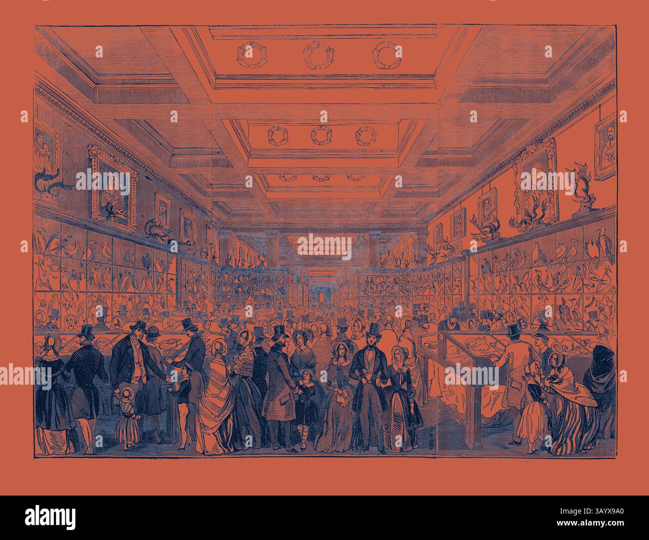 Eine belebte Kunstgalerie voller elegant gekleideter Leute, die sich unterhalten und verschiedene Kunstwerke an den Wänden bewundern. Das opulente Interieur besticht durch eine großartige Architektur mit komplizierten Details und dekorativen Elementen, die die Atmosphäre insgesamt verbessern. Ostermontag, die große Zoologische Galerie, das British Museum Klassische Kunst mit einer modernen Note, die von Artotop neu interpretiert wurde Stockfoto