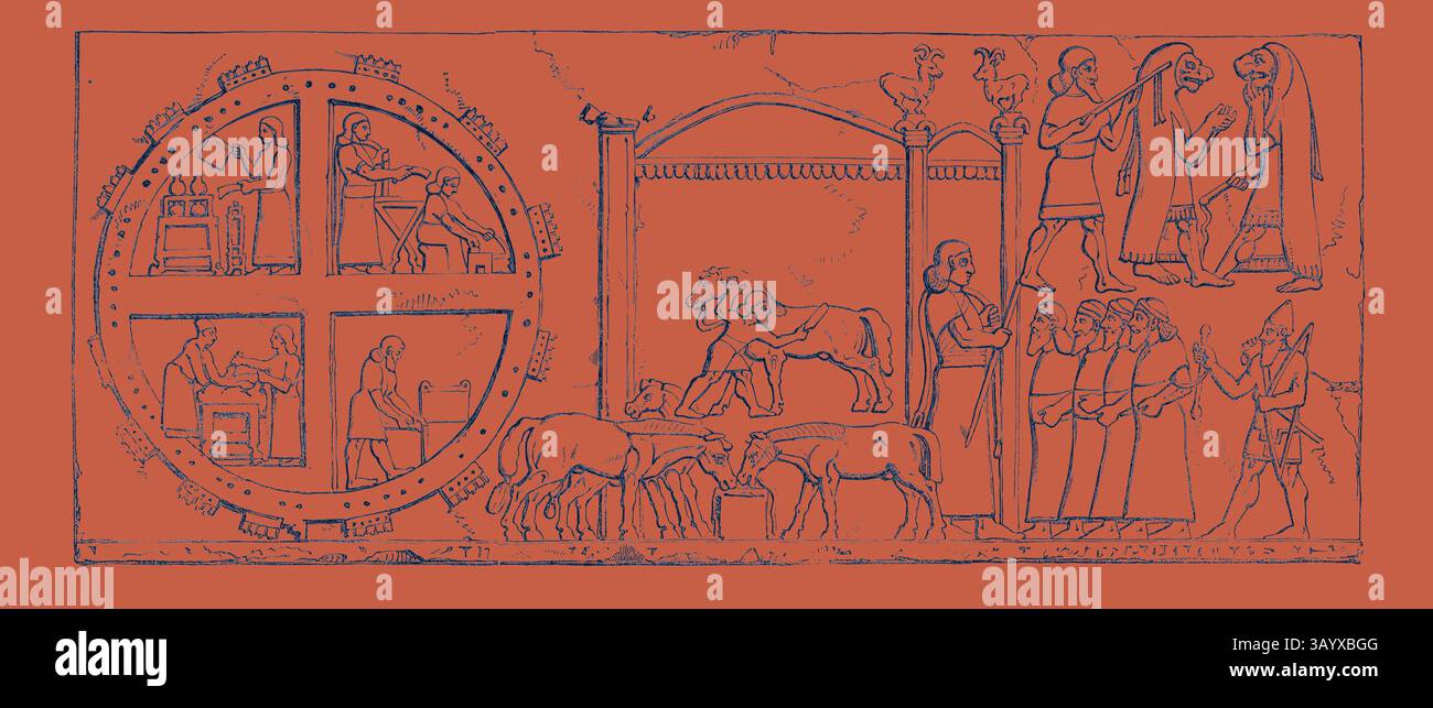 Ein altes Artefakt, das Szenen aus dem täglichen Leben zeigt, mit Figuren, die verschiedene Aktivitäten, einschließlich Tierhaltung und Handwerkskunst, umgeben von komplizierten dekorativen Elementen. Angebliche Küche und Pavillon, Nimroud-Skulpturen, erhalten gerade im British Museum Classic Art mit einem modernen Twist, der von Artotop neu entworfen wurde Stockfoto