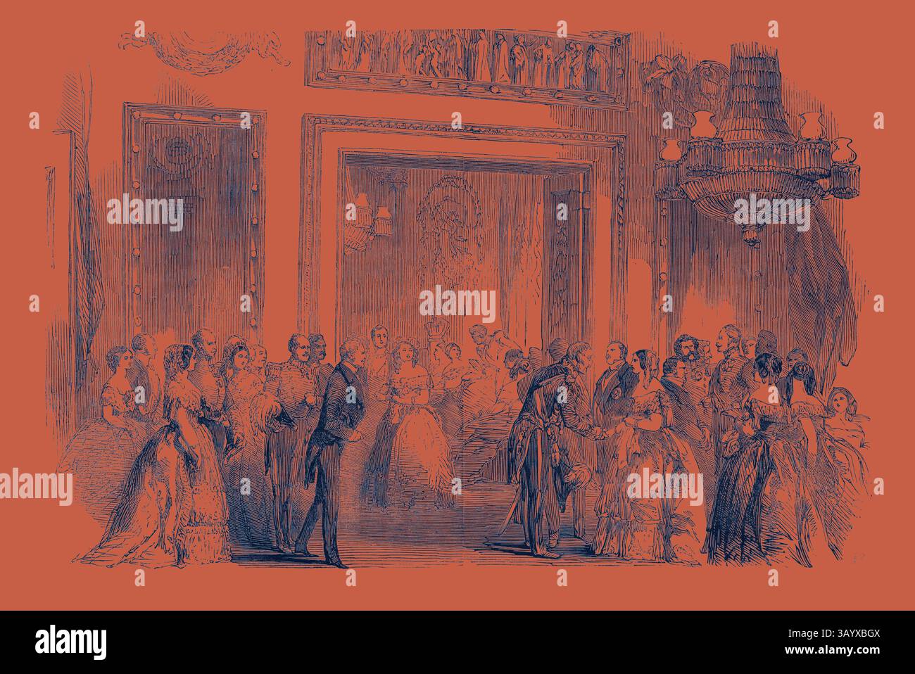 Eine große Ballsaal-Szene voller elegant gekleideter Männer und Frauen, die sich mit Gesprächen und Tanz beschäftigen, geschmückt mit kunstvollen Kronleuchtern und üppiger Einrichtung, die die Lebendigkeit einer festlichen Versammlung einfangen. Die Viscountess Palmerston's Assembly, der Saloon Classic mit einem modernen Touch, der von Artotop neu gestaltet wurde Stockfoto