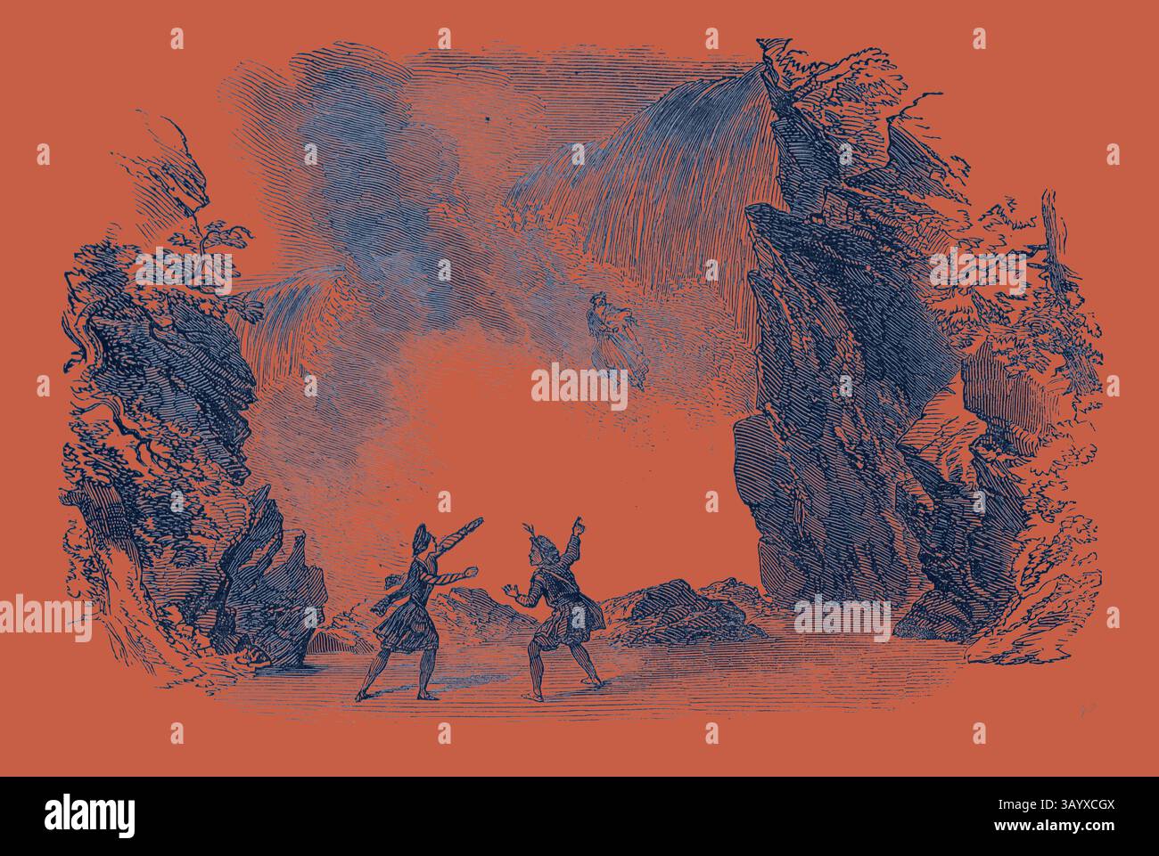 Zwei Figuren in historischen Gewändern stehen in einer dramatischen Landschaft, die auf ein geheimnisvolles, ätherisches Wesen zumuten, das über einem zerklüfteten Gelände zu schweben scheint. Um sie herum sind hoch aufragende Klippen und Laub, die eine Atmosphäre voller Intrigen und Wunder schaffen. Szene aus dem „Devil's Ring“ im Drury Lane Theatre Klassische Kunst mit einem modernen Touch, der von Artotop neu gestaltet wurde Stockfoto