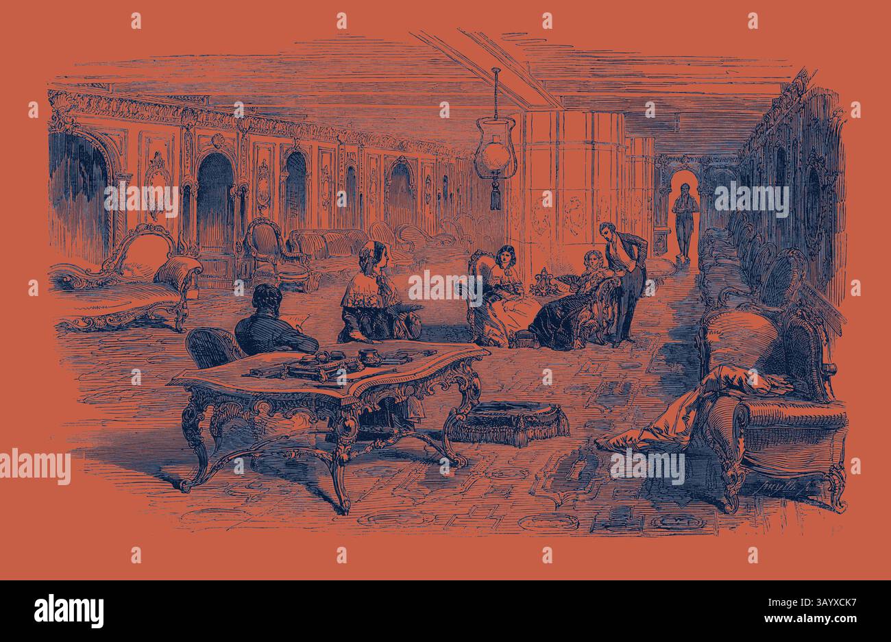 Eine üppige Inneneinrichtung mit elegant gekleideten Personen, die Gespräche führen, umgeben von kunstvollen Möbeln und einer geräumigen, dekorierten Umgebung. Sanfte Beleuchtung verbessert die Atmosphäre und schafft einen einladenden Raum für soziale Interaktion. Ocean Steam Navigation: Grand Saloon der „Atlantic“ Classic Art mit einem modernen Touch, der von Artotop neu gestaltet wurde Stockfoto