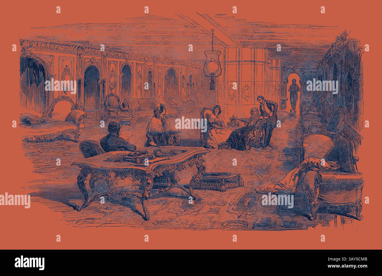Die luxuriös eingerichtete Inneneinrichtung zeigt elegant gekleidete Figuren, die in Gesprächen stehen, umgeben von opulentem Dekor und komplizierten Möbeln, die die Pracht der Umgebung unterstreichen. Ocean Steam Navigation: Grand Saloon der klassischen Kunst des Atlantiks mit einem modernen Touch, der von Artotop neu interpretiert wurde Stockfoto