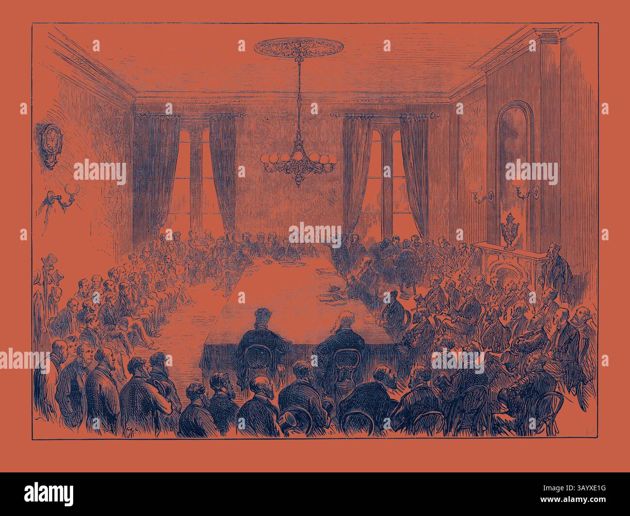 Ein großes Treffen in einem reich verzierten Raum mit einem langen Tisch, umgeben von einer Gruppe von Personen, die an Diskussionen beteiligt sind, mit einem Hauch von Formalität und Bedeutung. Konferenz zwischen Ironmasters und Arbeitnehmerdelegierten im Cardiff Wales 1873 Classic Art mit einem modernen Touch, der von Artotop neu gestaltet wurde Stockfoto