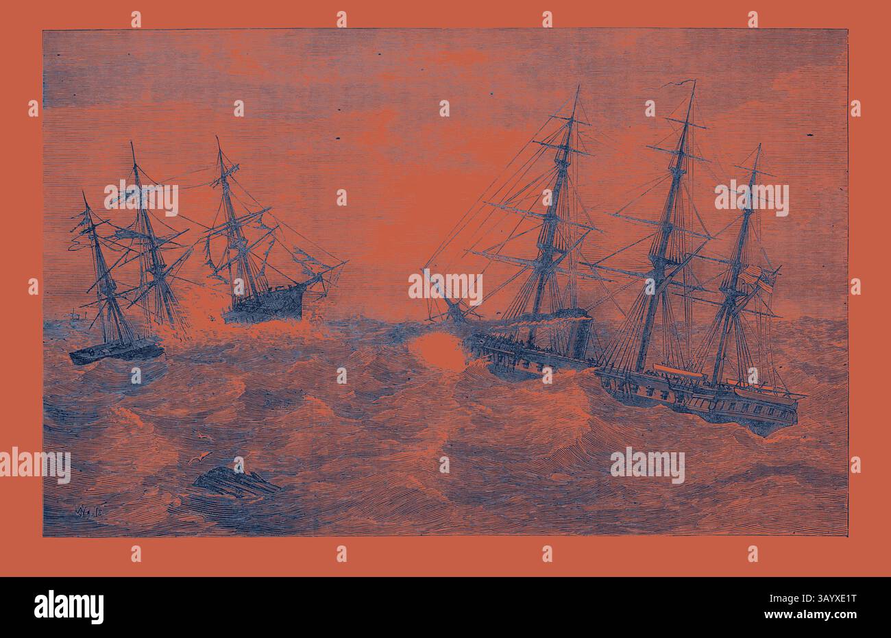 Zwei Segelschiffe kämpfen gegen turbulente Wellen, während ein kleineres Schiff in der Nähe zu navigieren scheint. Die Szene fängt die Intensität eines maritimen Sturms ein und betont die Kraft des Ozeans und die Widerstandsfähigkeit der Seeleute. H.M.S. Immortalite die verfallene Margaret Pollock at Sea 1873 Klassische Kunst mit einem modernen Twist von Artotop neu interpretiert Stockfoto