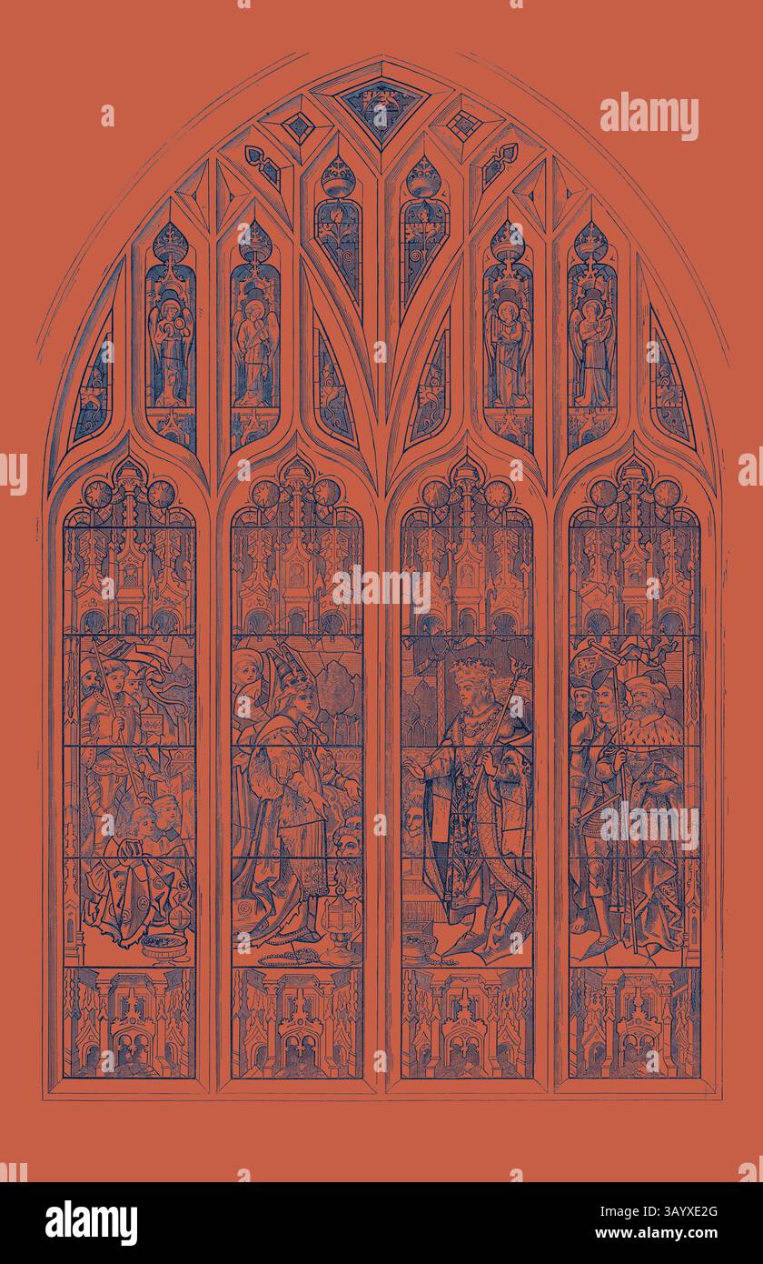 Ein atemberaubendes Buntglasfenster mit komplizierten religiösen Szenen und Figuren, eingerahmt von kunstvollen Bögen, zeigt eine Mischung aus Kunst und Spiritualität. Der lebendige Hintergrund unterstreicht die feinen Details der Glaskunst. Shakspeare Memorial Window for Stratford-on-Avon Church 1873 Klassische Kunst mit einer modernen Note, die von Artotop neu gestaltet wurde Stockfoto