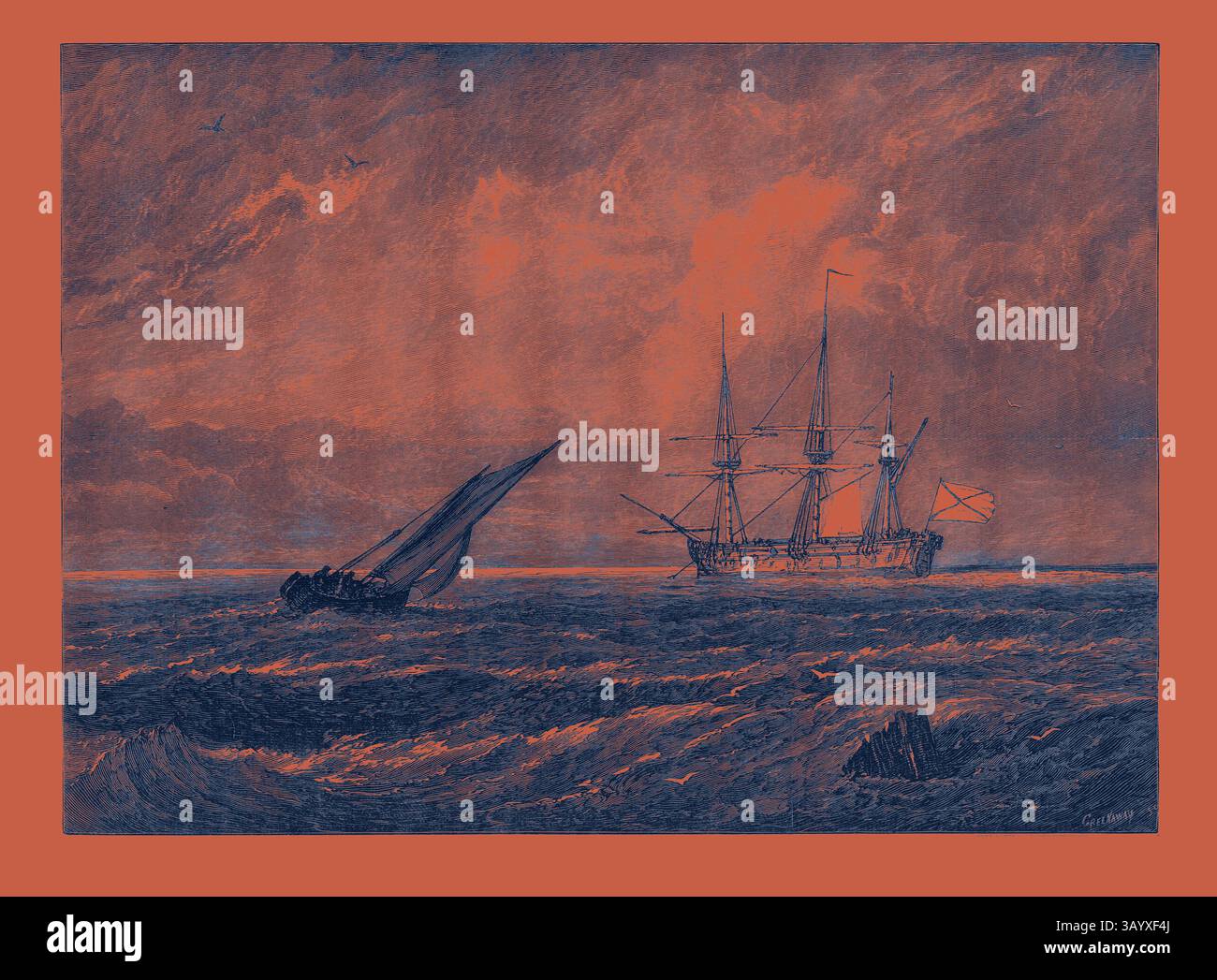 Ein Segelboot navigiert in turbulenten Gewässern in der Nähe eines majestätischen Dreimastschiffs vor einem Hintergrund dramatischer Wolken und eines lebendigen Himmels, der auf einen drohenden Sturm hindeutet. Turner's Liber Studiorum: A Sea Piece Klassische Kunst mit modernem Touch, neu gestaltet von Artotop Stockfoto