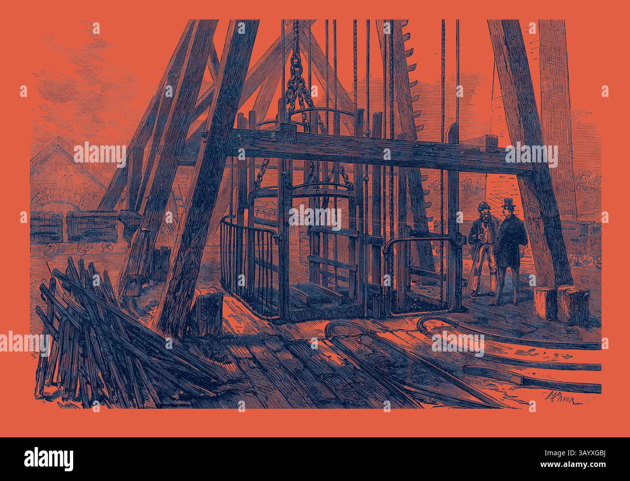Eine Industrieszene mit großen Maschinen und Gerüsten, in der Arbeiter ihre Umgebung beobachten, vor dem Hintergrund von Strukturen in der Ferne. Die Atmosphäre vermittelt ein Gefühl von Fleiß und historischer Handwerkskunst. The Staffordshire Colliery: Oberteil des Schafts und Käfig für die Descending 1873 Klassische Kunst mit einem modernen Touch, der von Artotop neu interpretiert wurde Stockfoto