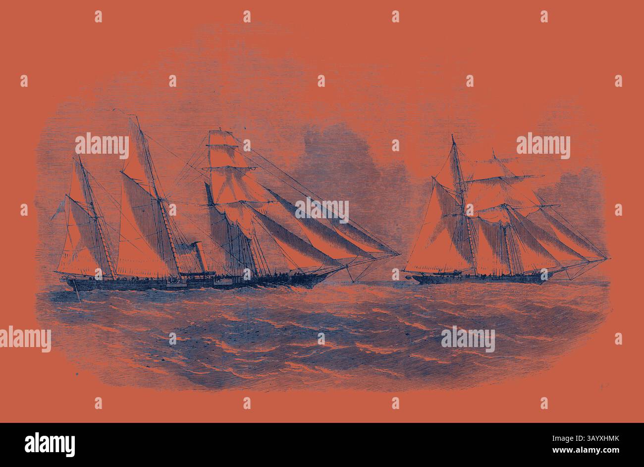 Zwei Segelschiffe fahren durch turbulentes Wasser, deren Segel im Wind wehen, mit einer dramatischen Kulisse, die auf einen drohenden Sturm hindeutet. Die Szene weckt ein Gefühl von Abenteuer und die Herausforderungen der maritimen Erkundung. H.M. Gun Boat Teaser, der die klassische Kunst des Sklavenabtes Devereux mit einem modernen Twist von Artotop einfängt Stockfoto