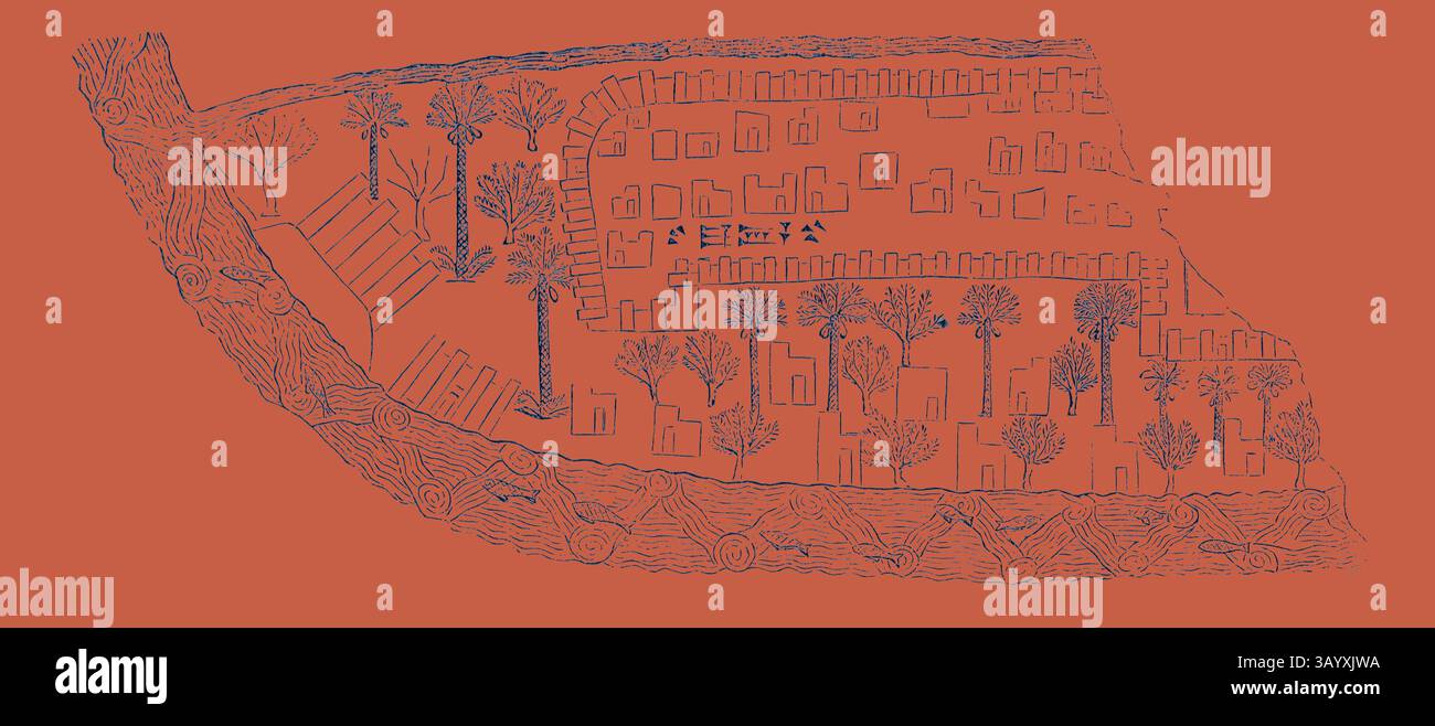Eine stilisierte Karte zeigt ein altes Siedlungslayout und zeigt Wohnstrukturen, Bäume und Wege, alle detailreich vor einem lebendigen Hintergrund. Der Fluss Ulai und Shushan der Palast Klassische Kunst mit einer modernen Note, die von Artotop neu interpretiert wurde Stockfoto