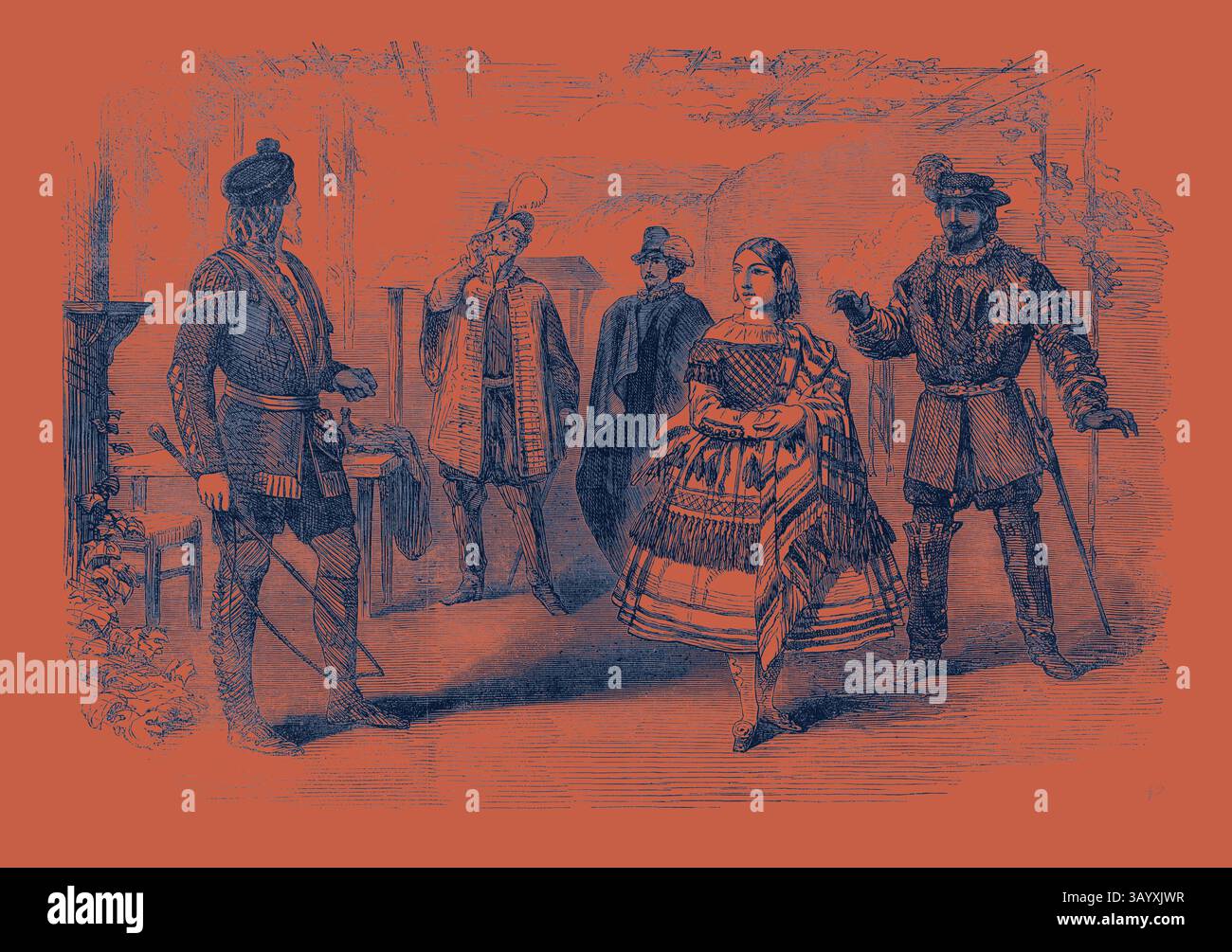 Eine Gruppe elegant gekleideter Figuren aus einer historischen Zeit führt Gespräche und präsentiert komplexe Kleidungsstile und raffinierte Accessoires vor dem Hintergrund einer raffinierten Inneneinrichtung. Die Szene fängt einen Moment der sozialen Interaktion in einem reichen kulturellen Kontext ein. Szene aus Balfes neuer Oper der Rose von Kastilien im Lyceum Theatre Klassische Kunst mit modernem Touch, neu gestaltet von Artotop Stockfoto