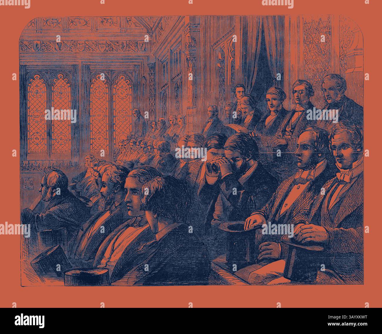 Eine historische Versammlung von elegant gekleideten Personen in einem großen Saal mit kunstvoller Architektur und Buntglasfenstern, die sich ernsthaft mit Diskussionen oder Überlegungen auseinandersetzen. Die Strangers' Gallery im House of Commons Klassische Kunst mit einem modernen Touch, der von Artotop neu interpretiert wurde Stockfoto