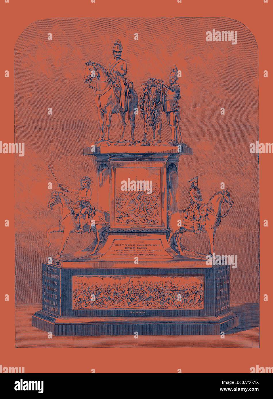Eine detaillierte Darstellung einer monumentalen Skulptur mit zwei montierten Soldaten auf einer dekorativen Basis, die komplexe Entwürfe und Inschriften zeigt, die historische Bedeutung hervorheben. Die Szene fängt sowohl die Tapferkeit der Figuren als auch die Kunstfertigkeit des Werkes ein. Das Scarlett-Testimonial an die 5. Dragonergarde. Klassische Kunst mit modernem Touch, neu interpretiert von Artotop Stockfoto