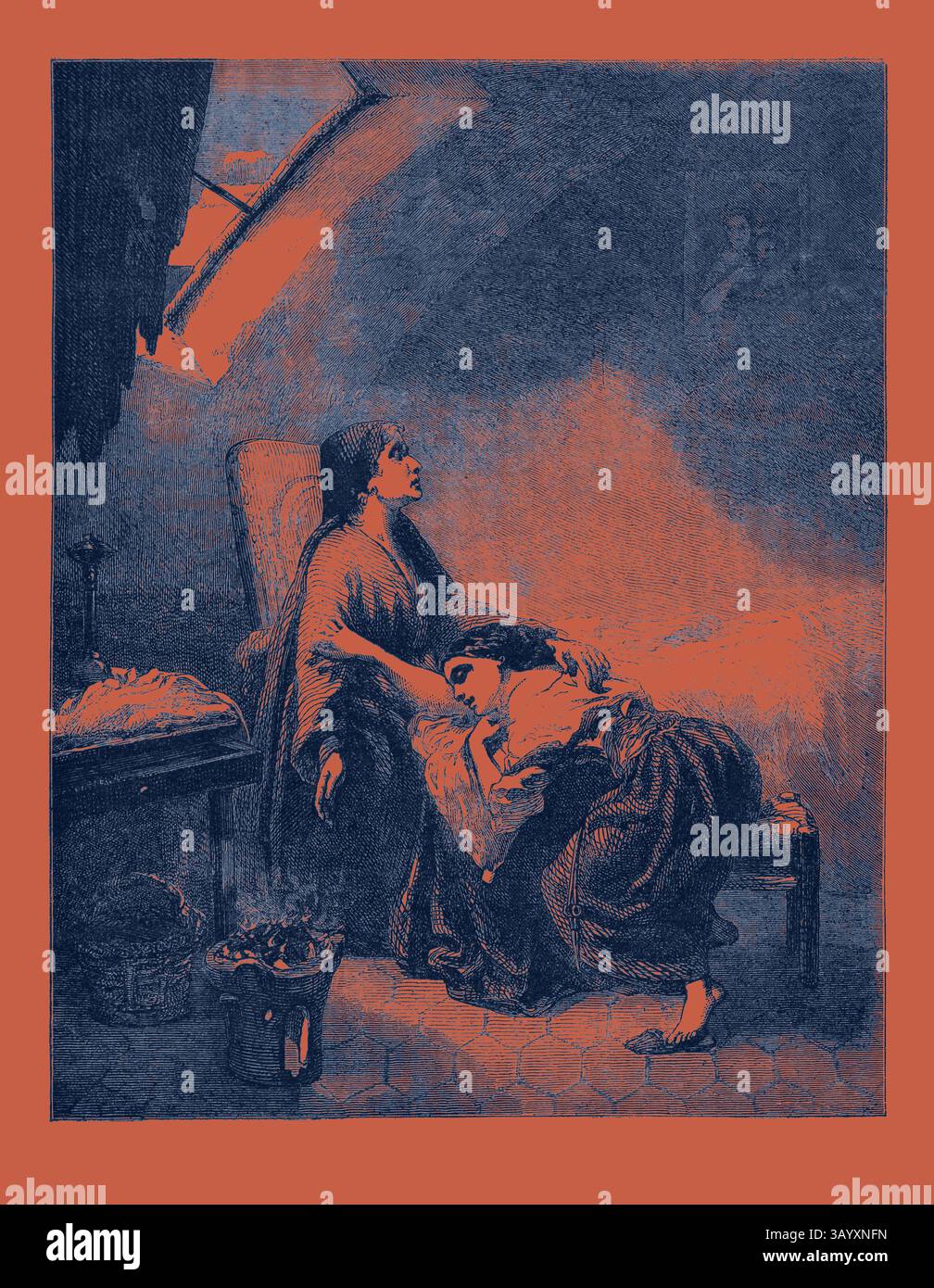 Eine Frau sitzt in einem Raum und blickt besorgt nach oben, während sich ein Kind auf ihrem Schoß ruht, was ein Gefühl von Zärtlichkeit und Melancholie hervorruft. Die Szene ist intim, umgeben von einfachen Möbeln, die einen ergreifenden Moment im täglichen Leben suggerieren. Das letzte Gebet in der französischen Ausstellung Klassische Kunst mit einem modernen Touch, neu interpretiert von Artotop Stockfoto