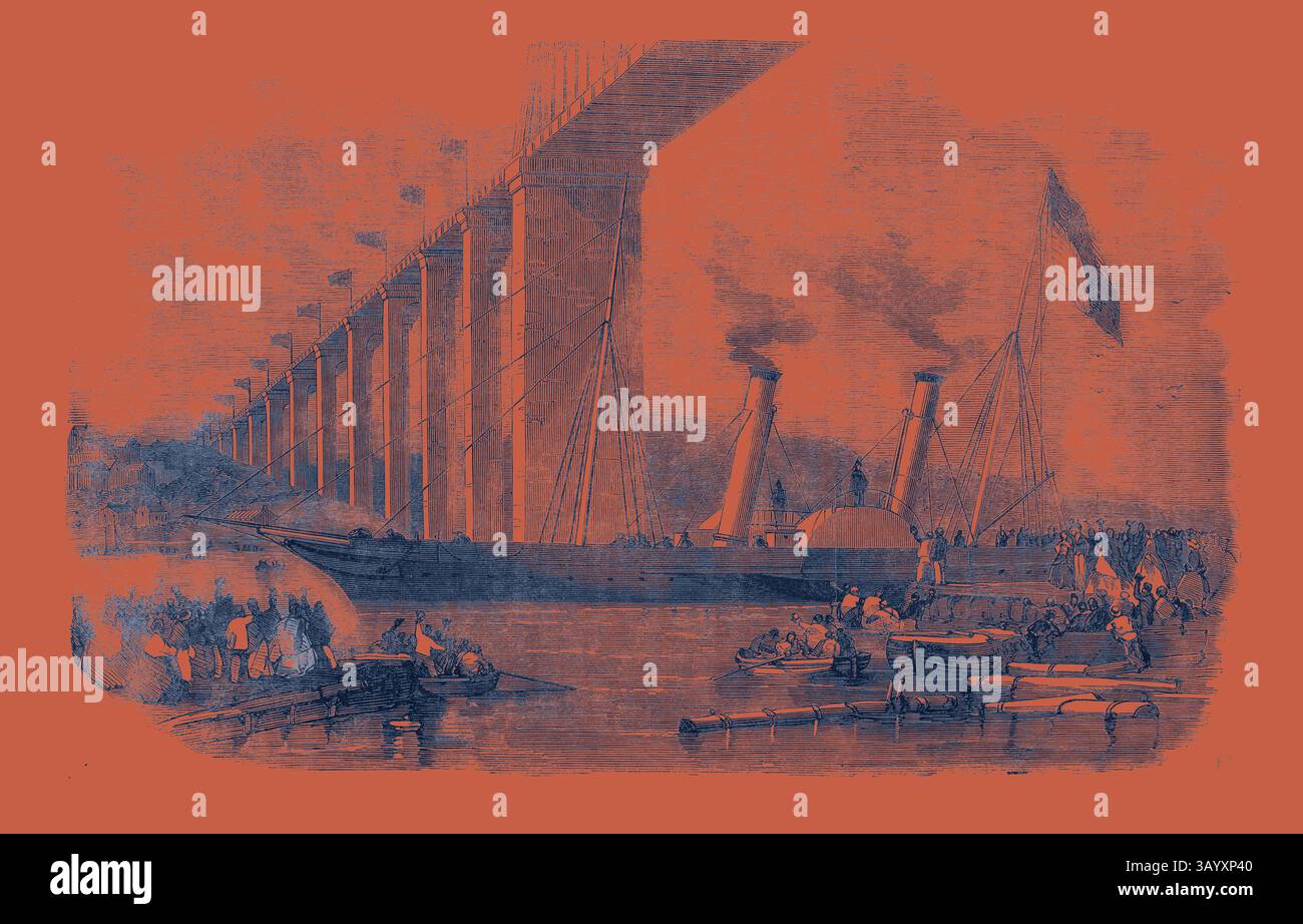 Eine geschäftige Szene, in der ein Dampfschiff in der Nähe einer großen Brücke angedockt wird, mit Menschen, die an verschiedenen Aktivitäten entlang des Wasserrandes teilnahmen, zeigt eine lebhafte Phase der Transport- und Ingenieurentwicklung. Abfahrt von H.R.H. Prince Albert im Vivid Steamer Eröffnung der Cornwall Railway Classic Art mit einem modernen Twist, der von Artotop neu gestaltet wurde Stockfoto