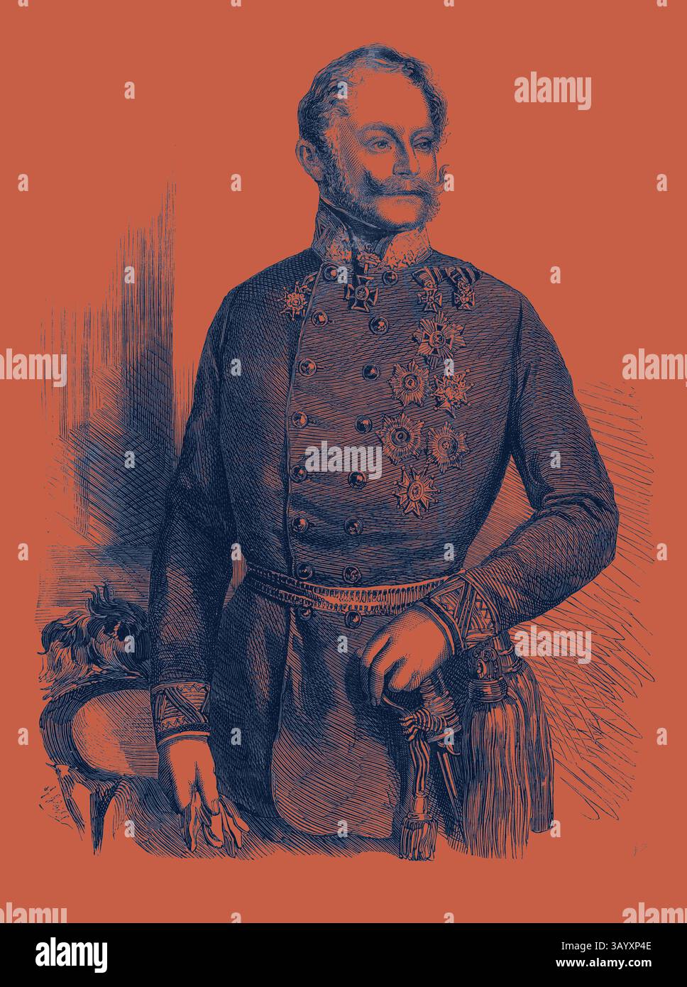 Ein angesehener Offizier steht selbstbewusst, mit verschiedenen Medaillen und Verzierungen verziert, die einen Hauch von Autorität und Poesie ausstrahlen. Er trägt eine kunstvolle Uniform, die seine Stellung und seinen Status unterstreicht, während eine dekorative Kulisse der Gesamtkomposition Tiefe verleiht. Der Kriegsgraf Gyulai Oberbefehlshaber der Österreichischen Armee in Italien Klassische Kunst mit einem modernen Twist, der von Artotop neu interpretiert wurde Stockfoto