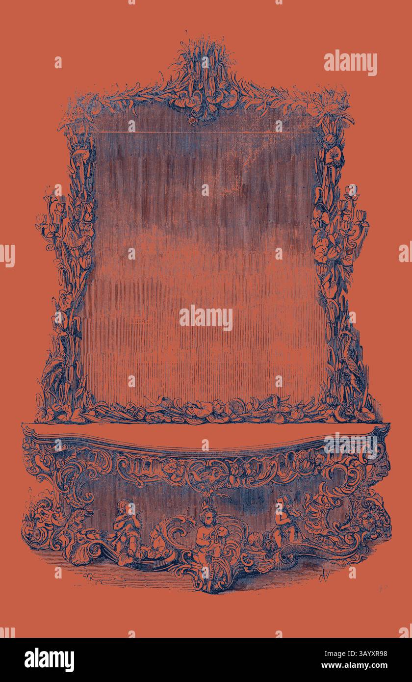 Ein verzierter, Vintage-Spiegel mit komplizierten Blumen- und Dekorationsmotiven umrahmt einen leeren Reflexionsraum, der von kleinen Figuren an seiner Basis begleitet wird. Das Design besticht durch raffinierte Handwerkskunst, die ein Gefühl zeitloser Eleganz weckt. Vergoldete Pier Table and Glass, Messrs. Holland und Son Klassische Kunst mit einem modernen Twist, neu interpretiert von Artotop Stockfoto