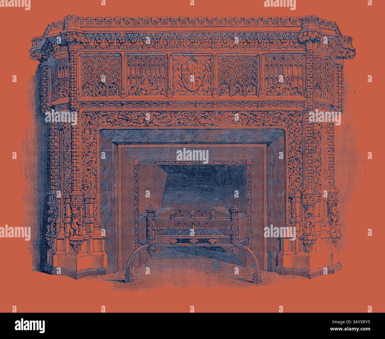 Ein wunderschön detaillierter Kamin mit komplizierten Schnitzereien und einem königlichen Wappen, umgeben von einem kunstvollen Holzmantel. Das Design besticht durch eine Mischung aus Eleganz und Handwerkskunst und betont dekorative Elemente und Symmetrie, die ein Gefühl historischer Pracht hervorrufen. Gothic Mantel Piece, The Great Exhibition Klassische Kunst mit modernem Touch, neu interpretiert von Artotop Stockfoto