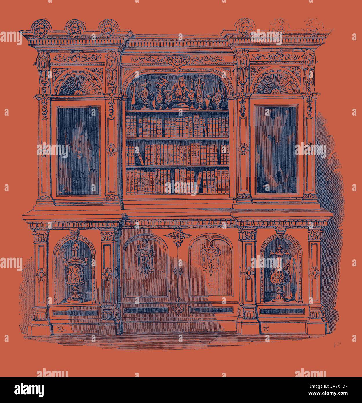 Ein wunderschön verziertes Bücherregal mit aufwändigen Schnitzereien, dekorativen Urnen und Regalen mit Büchern. Das Design besticht durch üppige Details und elegante Symmetrie, die einen auffälligen Blickpunkt bilden. Schrank, Tanner Klassische Kunst mit einem modernen Touch, neu interpretiert von Artotop Stockfoto