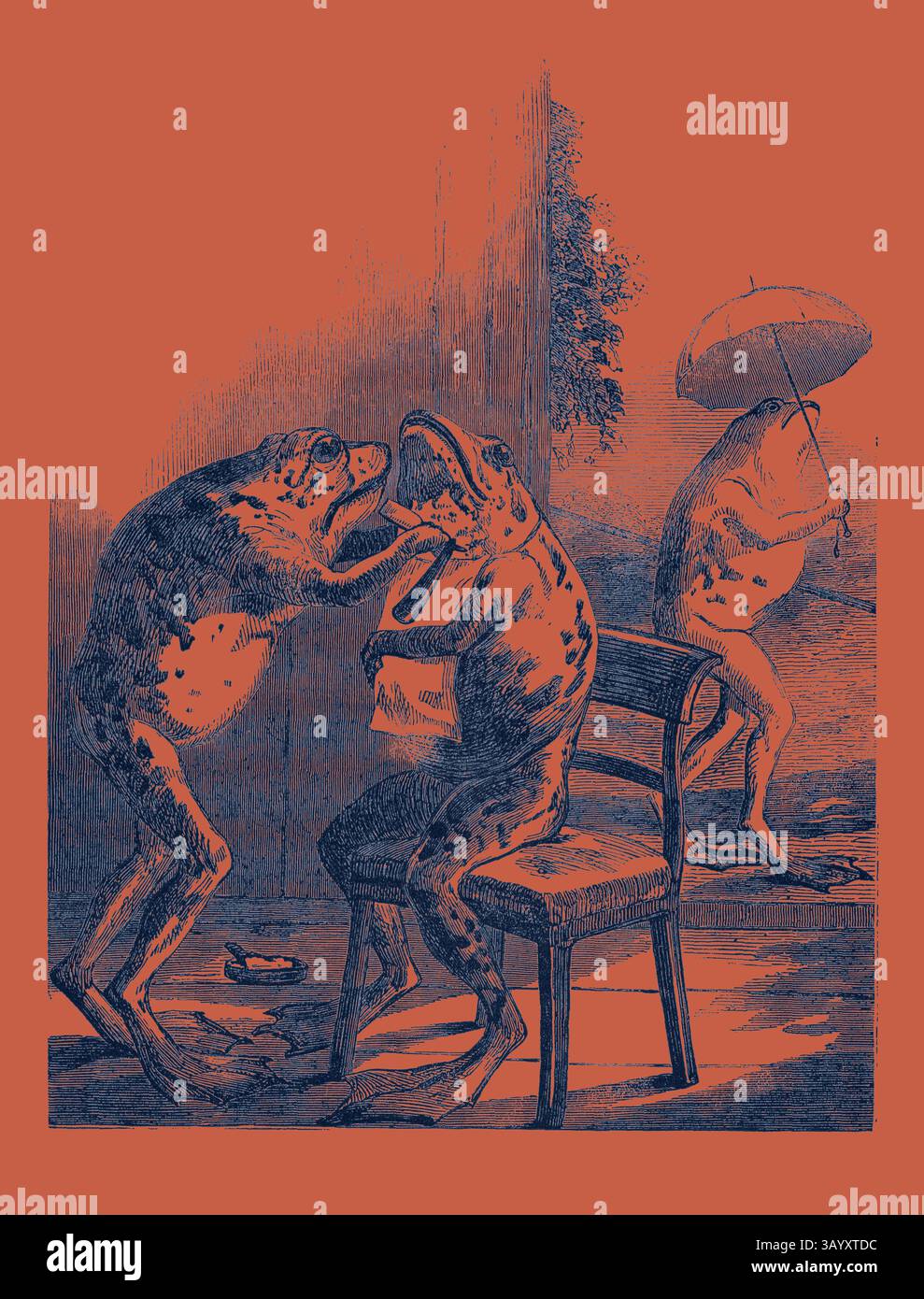 Auf einem Stuhl sitzen zwei Frösche in einer seltsamen Interaktion, wobei ein Frosch dem anderen scheinbar einen Brief überreicht. Im Hintergrund läuft ein dritter Frosch mit einem Regenschirm und fügt der Szene ein faszinierendes Element hinzu. Die lebendige Kulisse unterstreicht die skurrile Atmosphäre. Gefüllte Frosche aus Wirtemburg, aus einer Daguerreotypie von Claudet Klassische Kunst mit einem modernen Touch, der von Artotop neu gestaltet wurde Stockfoto