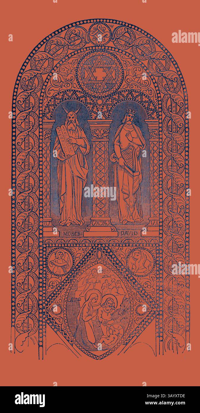 Eine stilisierte Darstellung zweier prominenter Figuren, Moses und David, eingerahmt von komplizierten Mustern und symbolischen Elementen, die ein Gefühl von historischer und religiöser Bedeutung vermitteln. Fenster mit Buntfenstern Klassische Kunst mit modernem Touch, neu interpretiert von Artotop Stockfoto