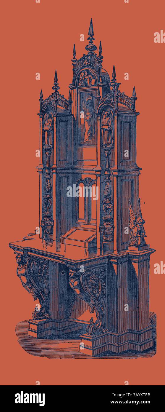 Ein aufwendig gestalteter Altar mit kunstvollen Skulpturen und raffinierten Details, der religiöse Figuren und dekorative Elemente zeigt, die seine Pracht und künstlerische Handwerkskunst unterstreichen. Prie Dieu Klassische Kunst mit modernem Touch, neu gestaltet von Artotop Stockfoto