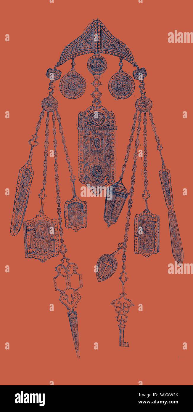 Ein kompliziertes Arrangement von kunstvollen Schmuckstücken mit detaillierten Designs, Ketten und verschiedenen Formen, die handwerkliches Können zeigen, das kulturelle Bedeutung und künstlerischen Ausdruck unterstreicht. Chatelaine Klassische Kunst mit modernem Touch, neu interpretiert von Artotop Stockfoto