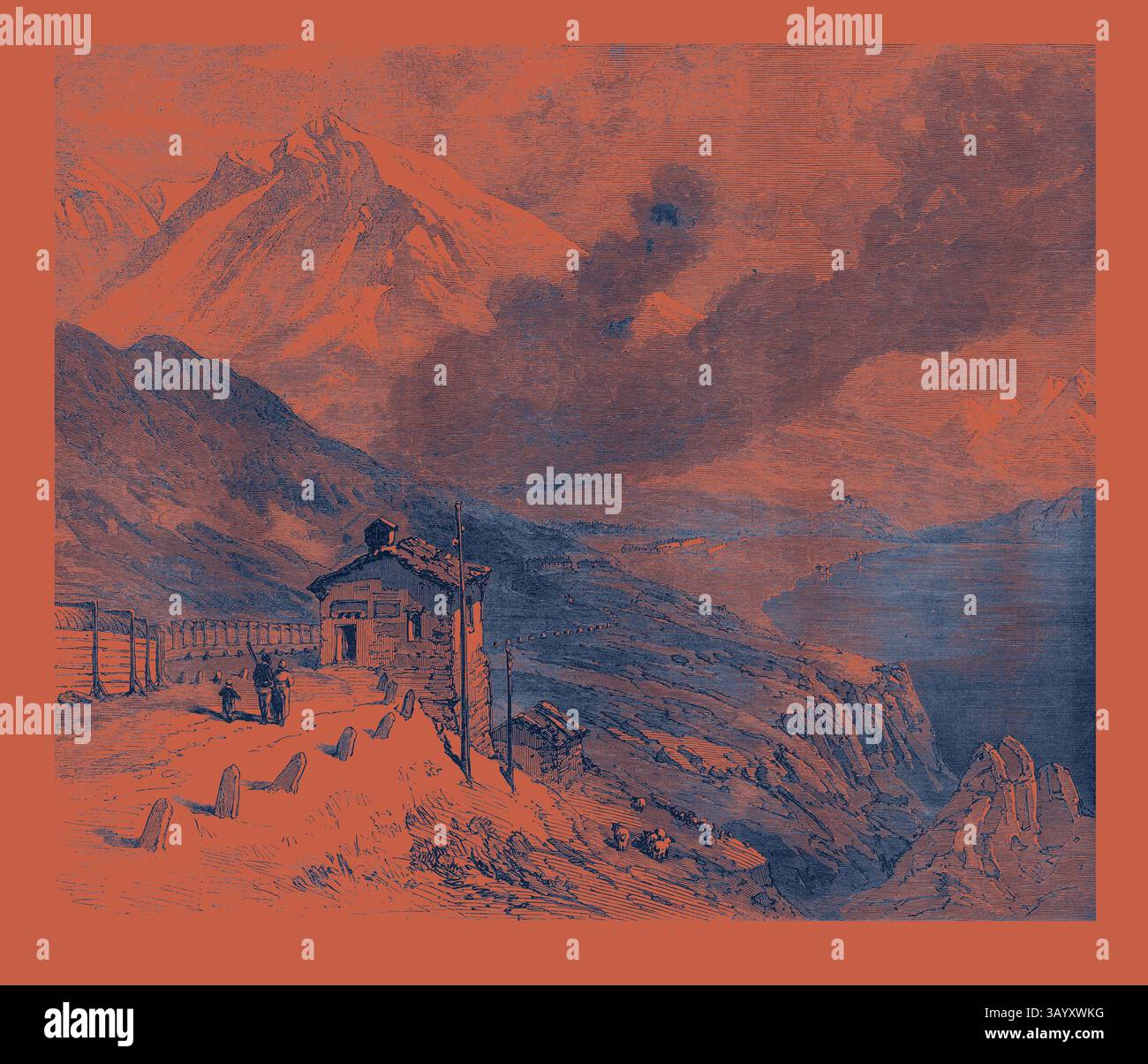 Eine bergige Landschaft bietet eine malerische Struktur, eingebettet in sanfte Hügel, wo einige Figuren zu sehen sind, was auf ein Gefühl von Skala hindeutet. Der dramatische Himmel ist voll von wirbelnden Wolken, die auf einen bevorstehenden Wetterwechsel hinweisen, während das Gelände die raue Schönheit der Wildnis vermittelt. Die New Overland Route nach Indien: Die Eisenbahn über die Alpen Gipfel des Mont Cenis und Lake 1869 Klassische Kunst mit einem modernen Twist, neu interpretiert von Artotop Stockfoto