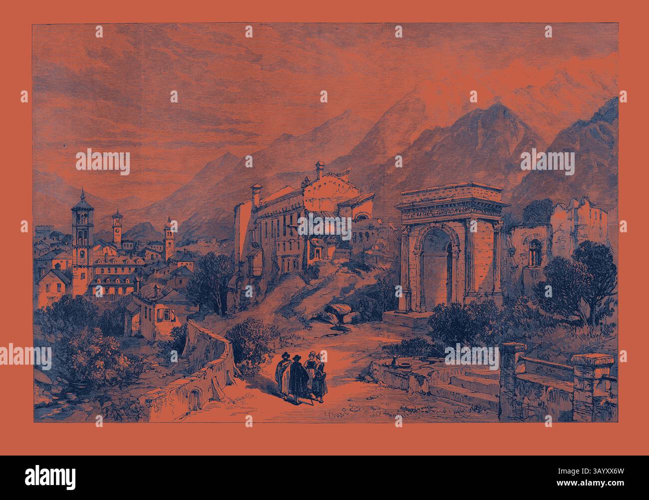 Eine historische Szene, die ein malerisches Dorf inmitten von Bergen zeigt, mit einem markanten Bogengang und einer Gruppe von Figuren, die auf einem gewundenen Pfad spazieren, zeigt eine Mischung aus architektonischer Eleganz und natürlicher Schönheit. New Overland Route nach Indien: Mont Cenis Railway Susa im Piemont Italien 1869 Klassische Kunst mit einem modernen Twist von Artotop Stockfoto