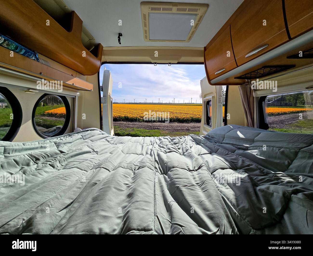 Entspannen Sie sich in einem Wohnmobil mit einem atemberaubenden Blick auf farbenfrohe Tulpenfelder im Frühling in Flevoland. Die hellen Blüten schaffen eine bezaubernde Landschaft, die perfekt zum Entspannen in der Natur ist. Stockfoto