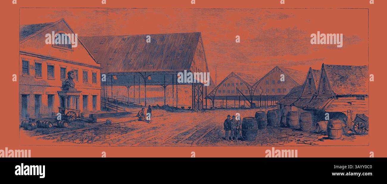 Eine geschäftige Industrieszene zeigt große Scheunen-ähnliche Strukturen, Fässer entlang des Weges und Figuren, die sich in Gesprächen versammelt haben, und zeigt die lebendige Aktivität eines historischen Handelsumfelds. Deptford Dockyard 1869 Klassische Kunst mit modernem Touch, neu interpretiert von Artotop Stockfoto