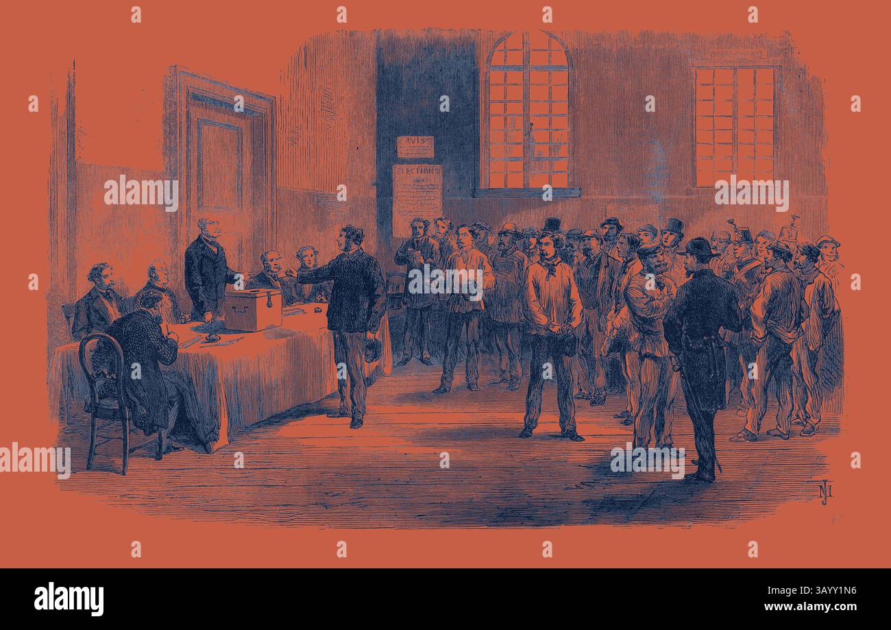 Eine historische Szene, die eine Versammlung von Männern in einem Wahllokal darstellt, wo Einzelpersonen ihre Stimmen abgeben, während Beamte den Prozess beobachten und aufzeichnen. Der Saal ist voller Vorausschau und Bürgerbeteiligung, was den demokratischen Abstimmungsprozess unterstreicht. Die Wahlen in Frankreich: Die Wähler wählen am Polling-Place in Faubourg St. Antoine 1869 Klassische Kunst mit einem modernen Twist, der von Artotop neu interpretiert wurde Stockfoto