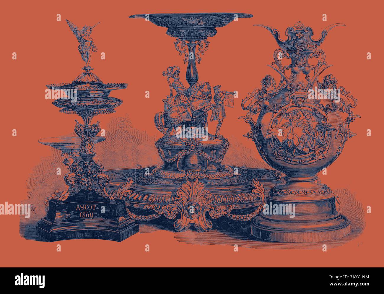 Ein kompliziertes Arrangement kunstvoller dekorativer Stücke mit komplizierten Skulpturen, aufwändigen Details und reichen historischen Motiven, die Handwerkskunst und Kunstfertigkeit zeigen. Die Ascot Races Preistafel: Der Royal Hunt Cup hinterließ das Ascot Cup Centre den Queen's Gold Cup rechts 1869 Klassische Kunst mit einem modernen Twist, der von Artotop neu interpretiert wurde Stockfoto