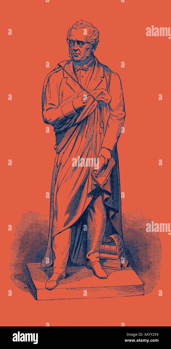 Eine Statue einer herausragenden Figur steht in eleganter Kleidung und hält ein gerolltes Dokument. Die komplizierten Details erfassen das Wesen eines historischen Charakters vor einem kühnen Hintergrund, der seine Prominenz verstärkt. Statue von Lord Palmerston in Southampton UK Klassische Kunst mit einem modernen Touch, neu interpretiert von Artotop Stockfoto