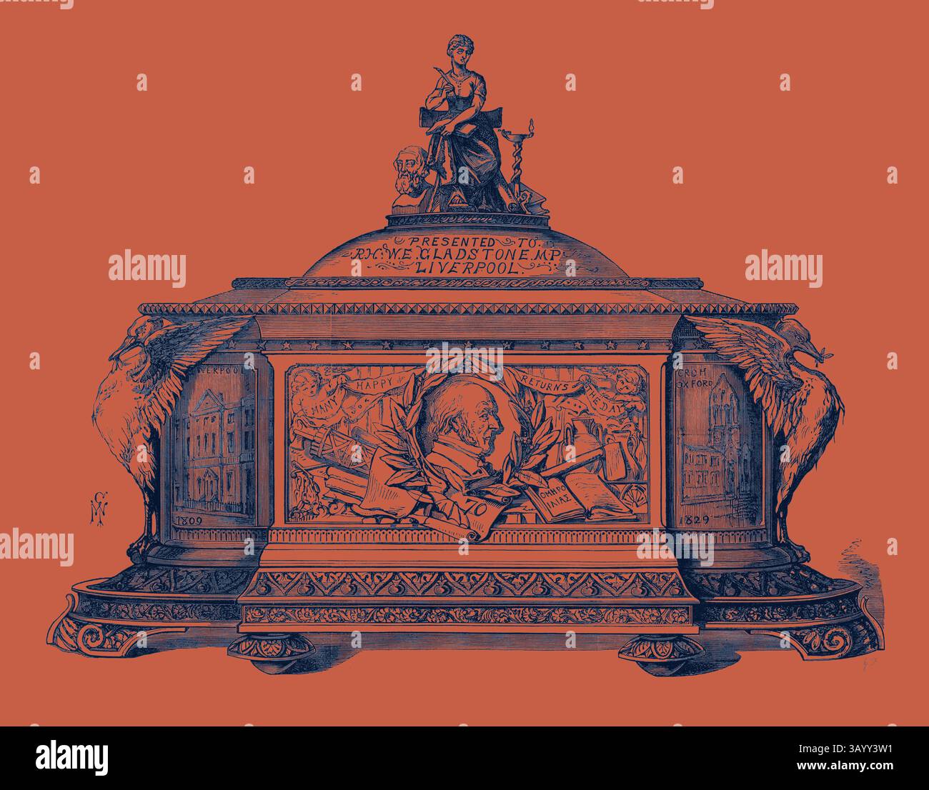 Ein dekoratives Denkmal mit einer sitzenden Figur, die Weisheit symbolisiert, flankiert von zwei majestätischen Adlern. Das komplizierte Design zeigt detaillierte architektonische Elemente und ehrt eine besondere Hingabe, die historische Bedeutung und Kunstfertigkeit widerspiegelt. Sarg, der Mr. Gladstone zu seinem Geburtstag 1880 präsentiert wurde, präsentiert klassische Kunst mit einem modernen Twist, der von Artotop neu gestaltet wurde Stockfoto