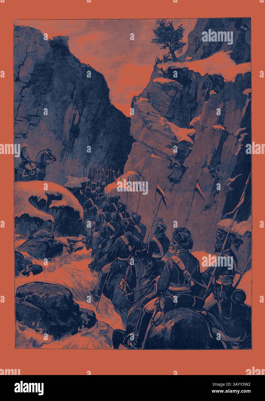 Eine Gruppe von Soldaten zu Pferd navigiert auf einem schmalen, schneebedeckten Pfad durch zerklüftetes bergiges Gelände, wobei eine Figur auf dem Pferd den Weg führt und ein Hauch eines entfernten Baumes durch die felsigen Klippen blickt. The Afghan war: The 10th Bengal Lancers in the Jugdulluk Pass 1880 Klassische Kunst mit einem modernen Twist, neu interpretiert von Artotop Stockfoto