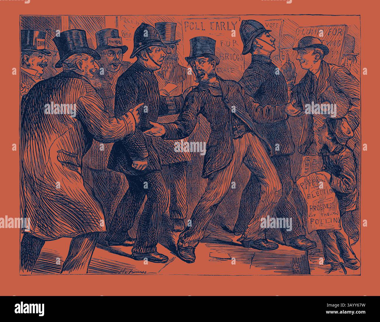 Eine lebendige Szene, die eine hitzige Interaktion zwischen einer Gruppe von Männern in Top-Hüten darstellt, vor dem Hintergrund politischer Plakate und Schilder. Die Figuren wirken animiert, in einer Mischung aus Konfrontation und Konfrontation, die die temperamentvolle Natur des politischen Diskurses verkörpern. Choice Sketches: The Fate of a Personator 1880 Klassische Kunst mit einem modernen Twist, neu interpretiert von Artotop Stockfoto