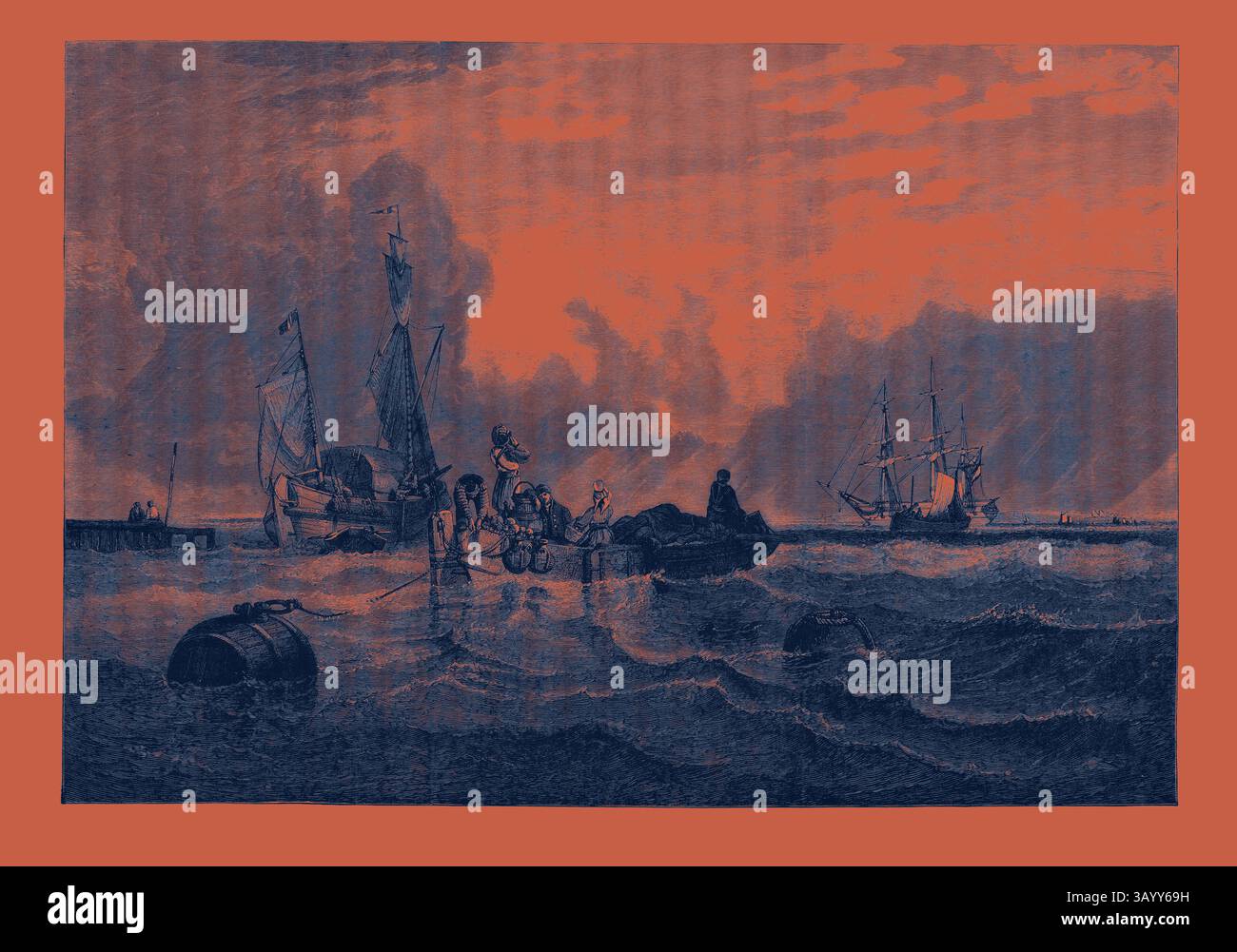 Die dynamische Küstenszene zeigt Fischer bei der Arbeit, bei denen Boote durch die turbulenten Gewässer unter einem dramatischen Himmel navigieren. Schiffe sind über den Horizont verteilt und verkörpern die Hektik des maritimen Lebens. Durchgangsboot auf der Schelde. Aus dem Bild von C. Stanfield R.A. in der Sheepshanks Collection 1880 Schelde L'Escaut Klassische Kunst mit einem modernen Twist von Artotop Stockfoto