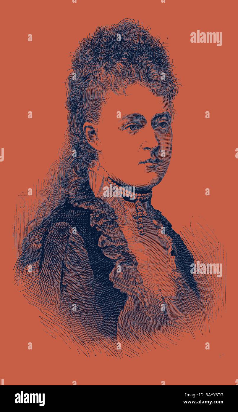 Ein Porträt einer Frau in eleganter Kleidung aus dem späten 19. Jahrhundert mit detaillierten Gesichtszügen und einer auffälligen Frisur, verziert mit einem Rüschenkragen und einer Halskette. Prinzessin Frederica von Hannover 1880 Klassische Kunst mit modernem Touch, neu interpretiert von Artotop Stockfoto