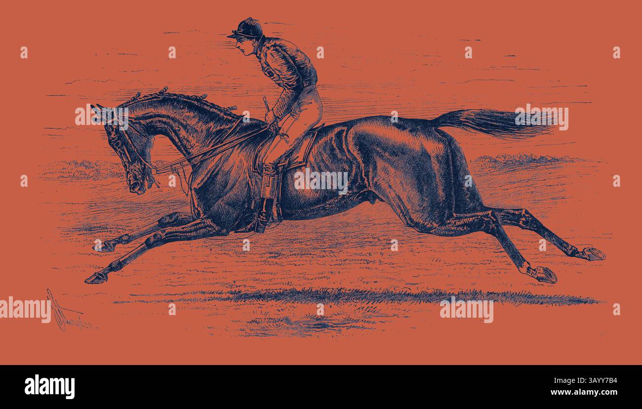 Ein Reiter lehnt sich auf einem galoppierenden Pferd nach vorne und zeigt die Anmut und Kraft von Pferd und Athlet in einem dynamischen Moment der Bewegung. Bend oder der Gewinner des Derby 1880 Classic-Kunstwerks mit einem modernen Touch, der von Artotop neu gestaltet wurde Stockfoto
