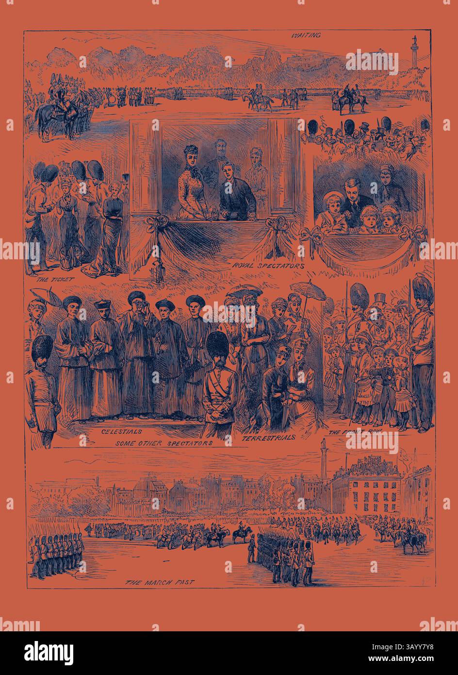 Eine historische Szene mit verschiedenen öffentlichen Ereignissen, einschließlich einer Zeremonie mit Würdenträgern, Gruppen von Personen in historischen Gewändern und einer Militärprozession, alle vor dem Hintergrund von Stadtbauten und Naturlandschaften. Die Komposition hebt Momente des Feierns und des Engagements in der Gemeinschaft hervor. Skizzen bei Trooping the Colors on the Queen's Birthday 1880 Klassische Kunst mit einem modernen Touch, der von Artotop neu interpretiert wurde Stockfoto
