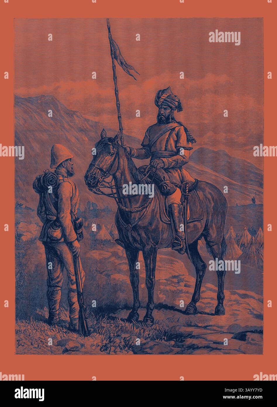 Ein berittener Soldat in historischer Kleidung unterhält sich mit einem Fußsoldaten vor der Kulisse ferner Hügel und Lager. Die Dynamik zwischen den beiden Figuren deutet auf einen Moment der Befähigung und Bereitschaft hin und betont ihre Rolle im militärischen Kontext. Unsere Truppen in Afghanistan: Ein Sowar der 10. Bengalischen Lanzen und ein Privat des 9. Fuß 1880 Klassische Kunst mit einer modernen Wendung, die von Artotop neu erfunden wurde Stockfoto