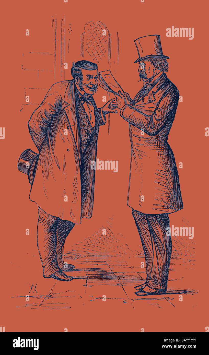 Zwei elegant gekleidete Männer unterhalten sich, einer mit einem breiten Lächeln hält ein Dokument, während der andere sich leicht nach vorne neigt, scheinbar fasziniert. Die Umgebung vermittelt eine formelle Atmosphäre, die durch ihre aufmerksame Haltung und stilvolle Kleidung betont wird. Parlamentarische Skizzen: In der Lobby: Heißes Wasser. 1880 Klassische Kunst mit modernem Touch, neu interpretiert von Artotop Stockfoto