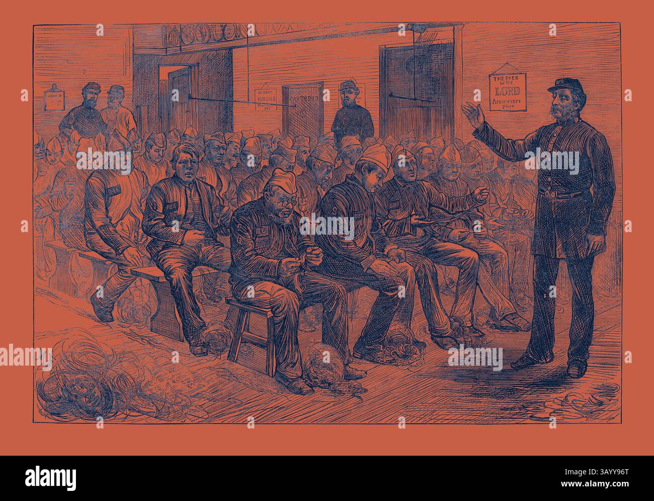 Eine Gruppe von Soldaten hört aufmerksam einem Befehlshaber zu, während er sie anspricht, während andere verschiedene Aktivitäten ausüben. Der Ort scheint eine Kaserne oder ein Versammlungsbereich zu sein, mit markanten Militäruniformen. Das Clerkenwell House of Correction: Die Eiche schuf 1874 Klassische Kunst mit einem modernen Twist, neu interpretiert von Artotop Stockfoto