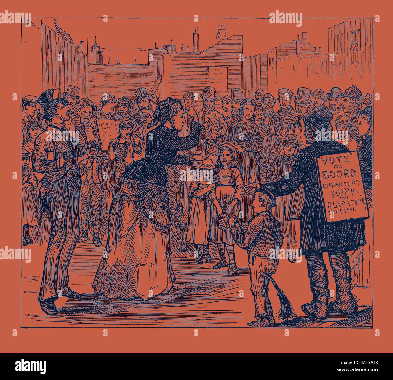 Eine geschäftige Szene zeigt eine Frau, die leidenschaftlich eine Menge anspricht, während sie ein Schild hält, umgeben von Zuschauern verschiedener Altersgruppen. Männer mit Hüten und Kinder hören aufmerksam zu, während einige andere ihre eigenen Zeichen halten, die sich für einen politischen Wandel einsetzen. Die Atmosphäre vermittelt ein Gefühl der Dringlichkeit und des bürgerlichen Engagements. Metropolitan Boroughs Election: Woman's Rights London 1874 Klassische Kunst mit einem modernen Twist, neu interpretiert von Artotop Stockfoto