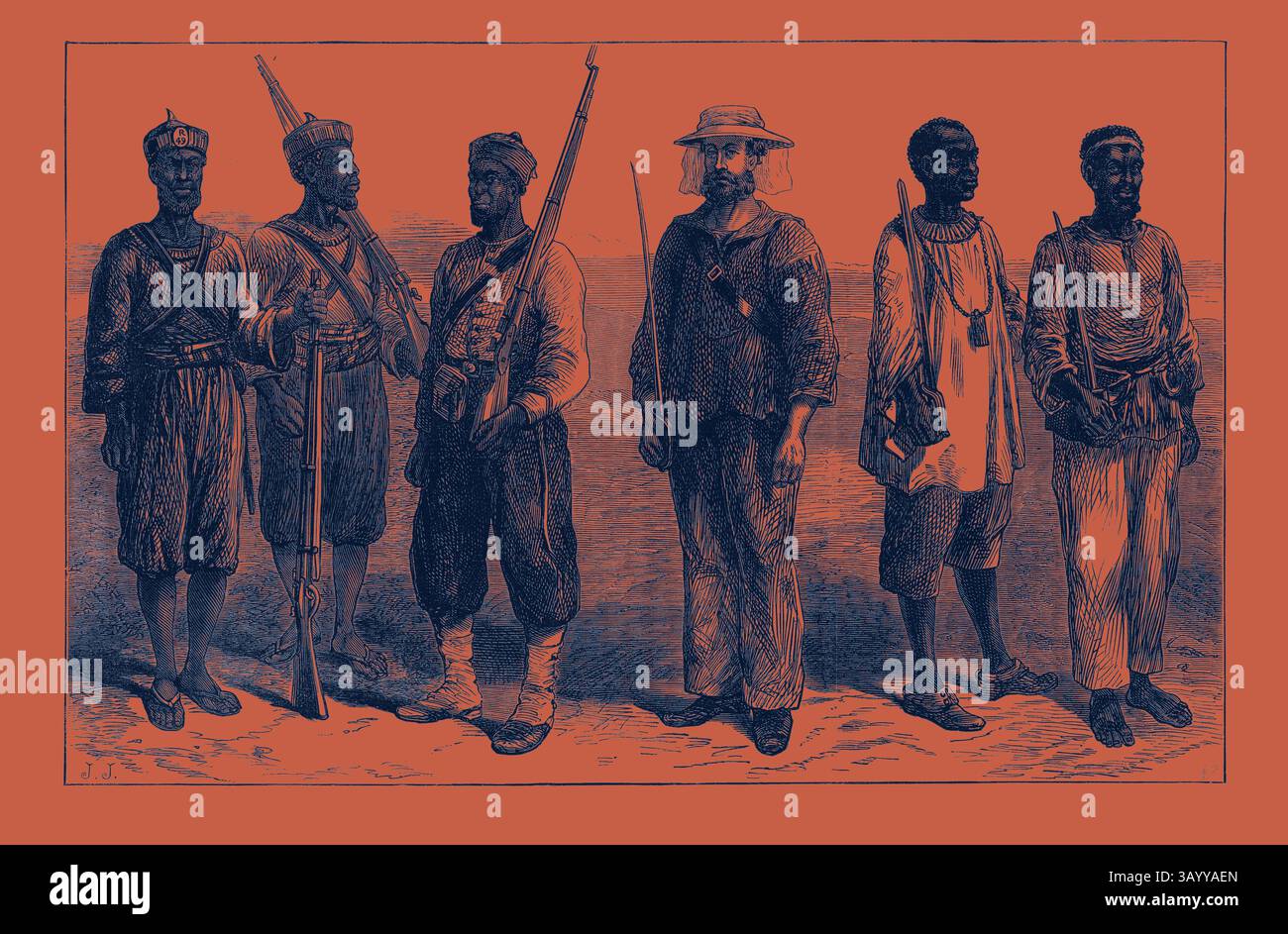 Eine Gruppe von sechs historischen Figuren steht zusammen und zeigt verschiedene Kleidung und Accessoires, darunter Gewehre und Hüte, vor einem strukturierten Hintergrund, der ihre Präsenz unterstreicht. The Ashantee war: Wachen der verschiedenen Truppen im Camp at Prah-Su 1874 Klassische Kunst mit einem modernen Twist, der von Artotop neu interpretiert wurde Stockfoto