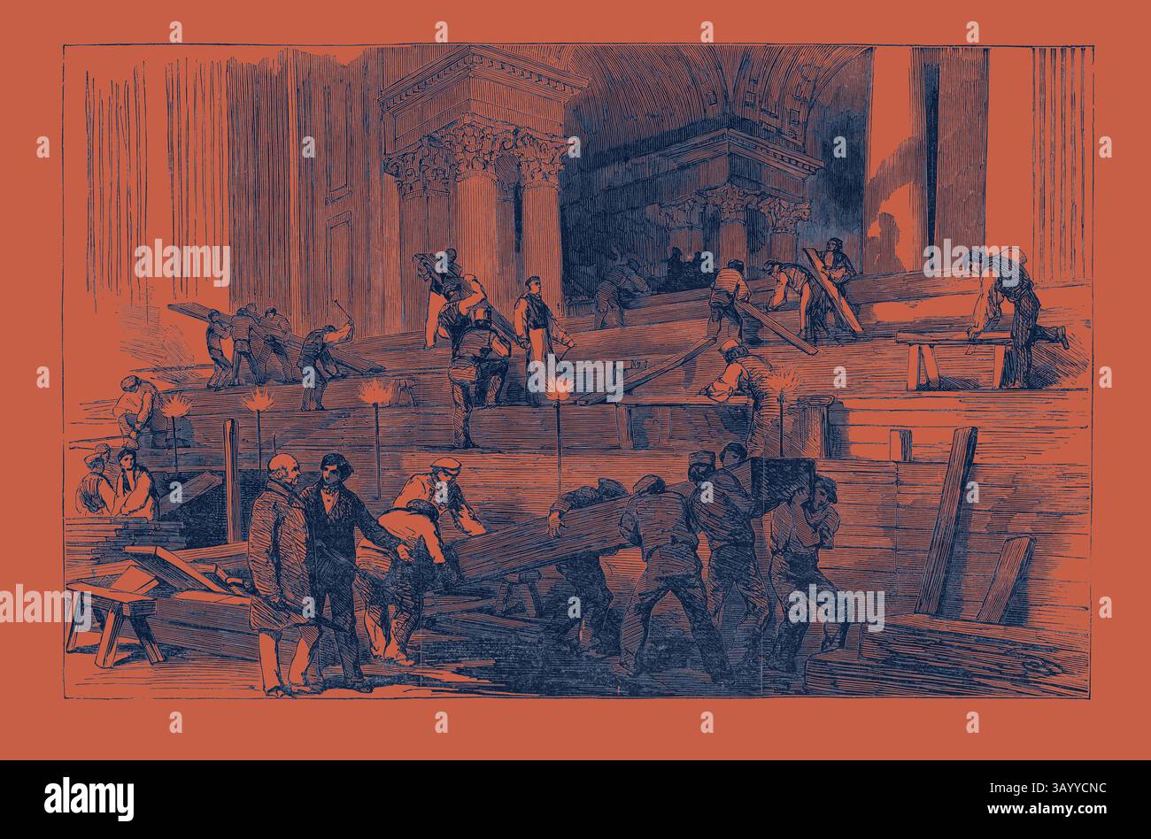 Eine Gruppe von Arbeitern ist mit dem Bau einer beeindruckenden architektonischen Struktur beschäftigt, die verschiedene Werkzeuge und Materialien verwendet. Ihre fokussierten Anstrengungen sind offensichtlich, wenn sie große Holzbalken unter einer kunstvollen Decke mit Säulen anheben, messen und positionieren. Vorbereitung in der St. Paul's Cathedral, für die Beerdigung des Duke: Side Aisle, von Gaslight, 1852 Klassische Kunst mit einem modernen Twist, neu interpretiert von Artotop Stockfoto