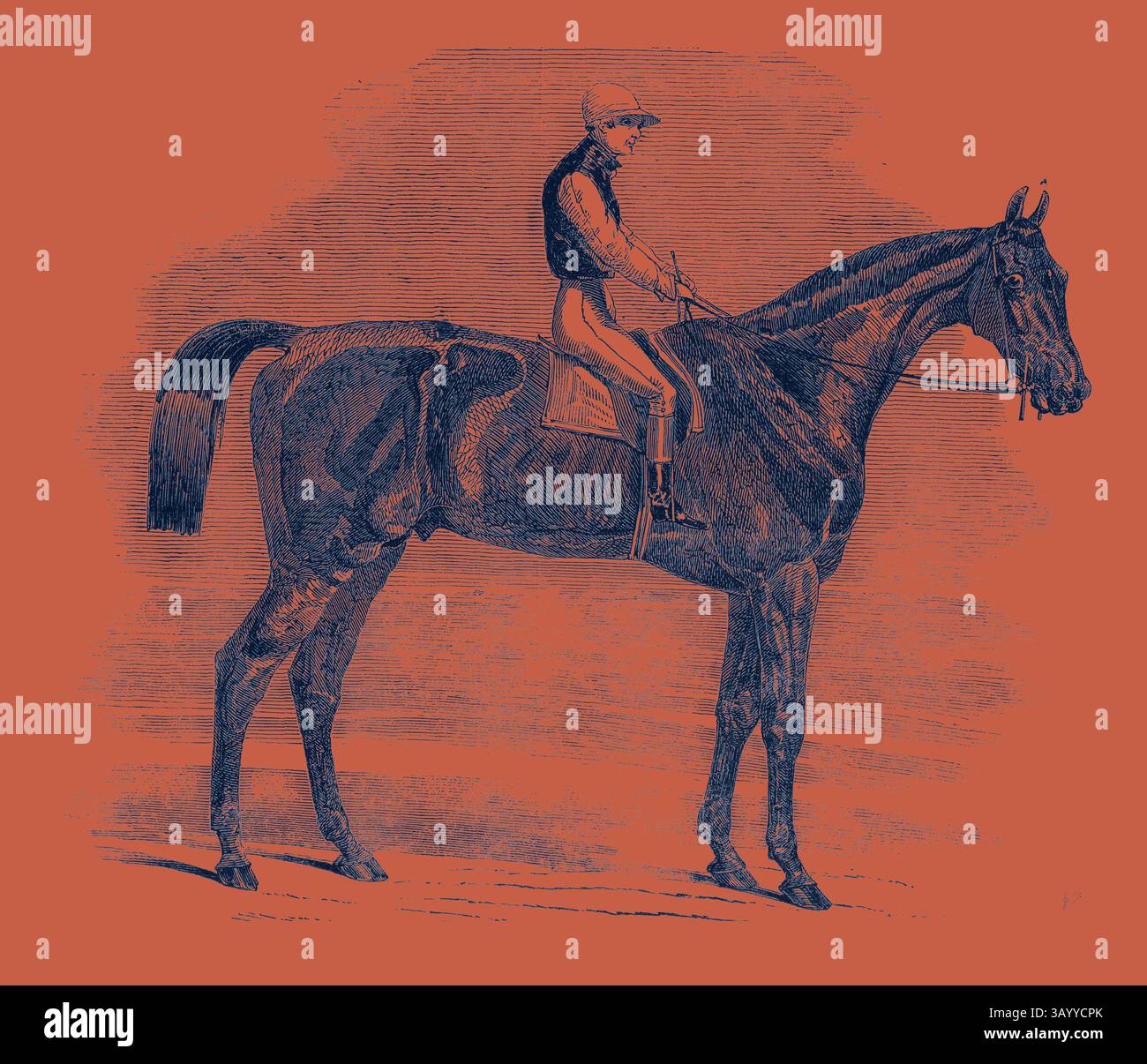 Ein Jockey in Reitkleidung sitzt souverän auf einem schlanken Pferd, beides steht vor einem weich strukturierten Hintergrund und verkörpert die Anmut und den Geist der Reiterkultur. Weathergage, Gewinner der Cesarewitch Stakes, in Newmarket, 1852 Klassische Kunst mit einem modernen Twist von Artotop Stockfoto