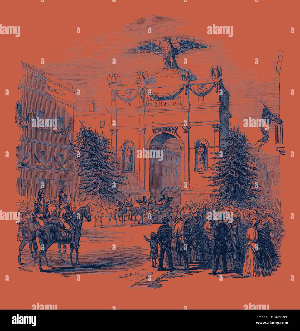 Ein großer Bogengang mit einem Adler dient als Kulisse für eine Militärprozession mit Soldaten zu Pferd und einer Kutsche. Eine fesselnde Menschenmenge versammelt sich in historischer Kleidung, während festliche Dekorationen und Banner eine festliche Atmosphäre schaffen. Ankunft des Präsidenten von Frankreich am Triumphbogen in St. Etienne, 1852 Klassische Kunst mit einem modernen Twist von Artotop Stockfoto