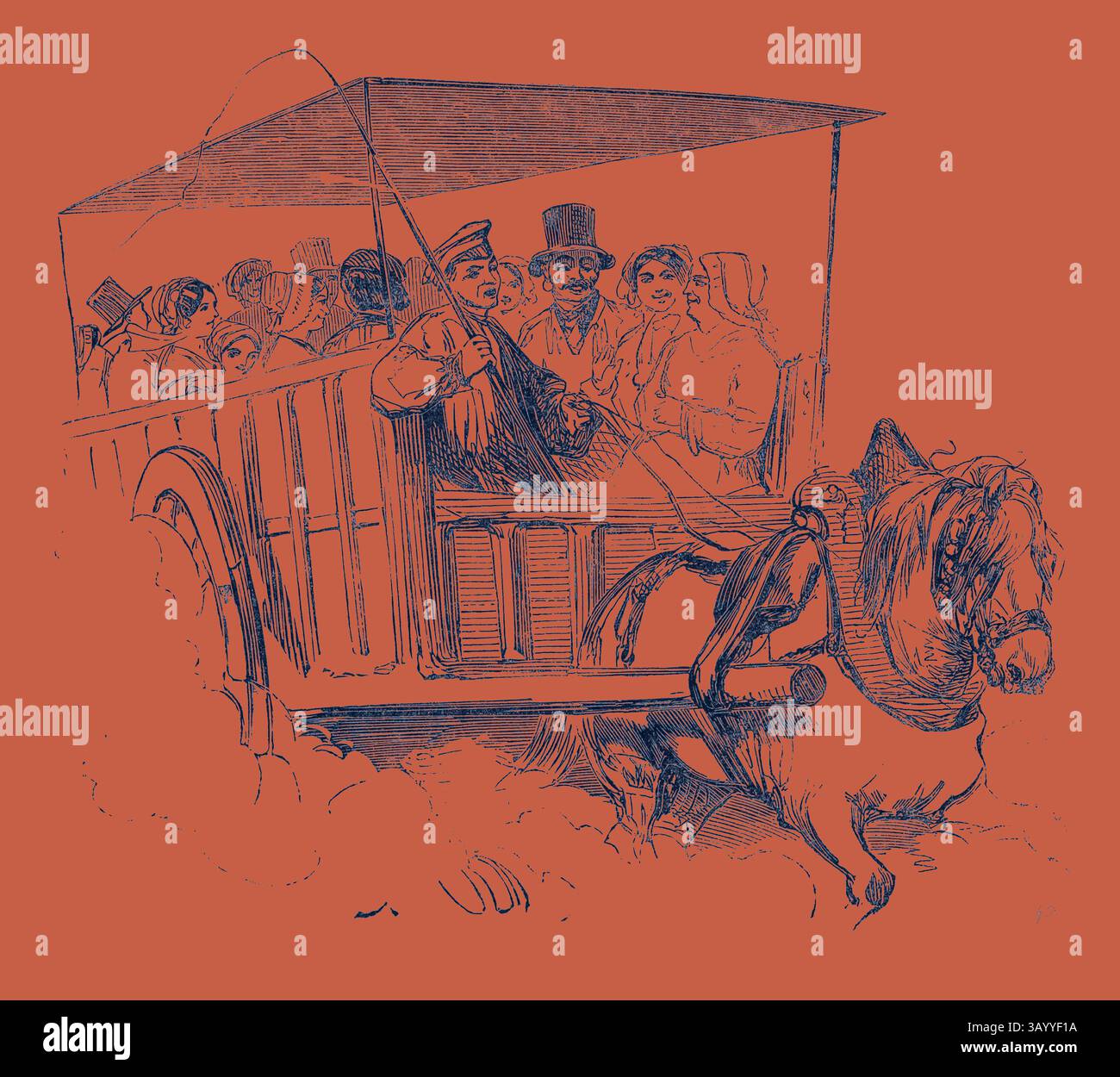 Eine Pferdekutsche befördert eine Gruppe gut gekleideter Passagiere, während ein Fahrer von vorne lenkt. Die Passagiere zeigen eine Mischung von Ausdrucksformen, von Neugier bis Unterhaltung, während sie durch eine geschäftige Szene reisen, was auf eine lebendige soziale Umgebung hindeutet. Skizzieren Sie in der Nähe von Paris, 1852 Klassische Kunst mit einem modernen Twist, neu gestaltet von Artotop Stockfoto